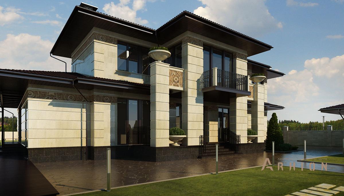 2. Проект двухэтажного дома в стиле Ллойда Райта (прерий) с четырехскатной, SOV-16, площадью - 371 кв c сауной, балконом, вторым светом